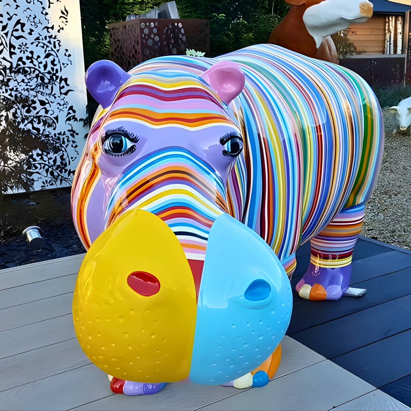 STATUE EN RESINE HIPPOPOTAME RAYURES MULTICOLORES