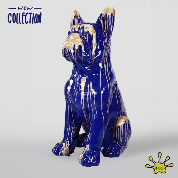 STATUE DE CHIEN BOULEDOGUE EN RESINE GEANT TRASH BLEU ET OR