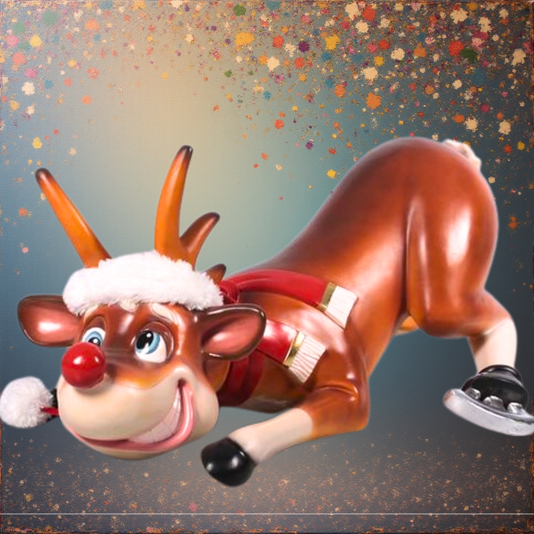 STATUE EN RESINE DE RENNE RODOLPHE PATINEUR