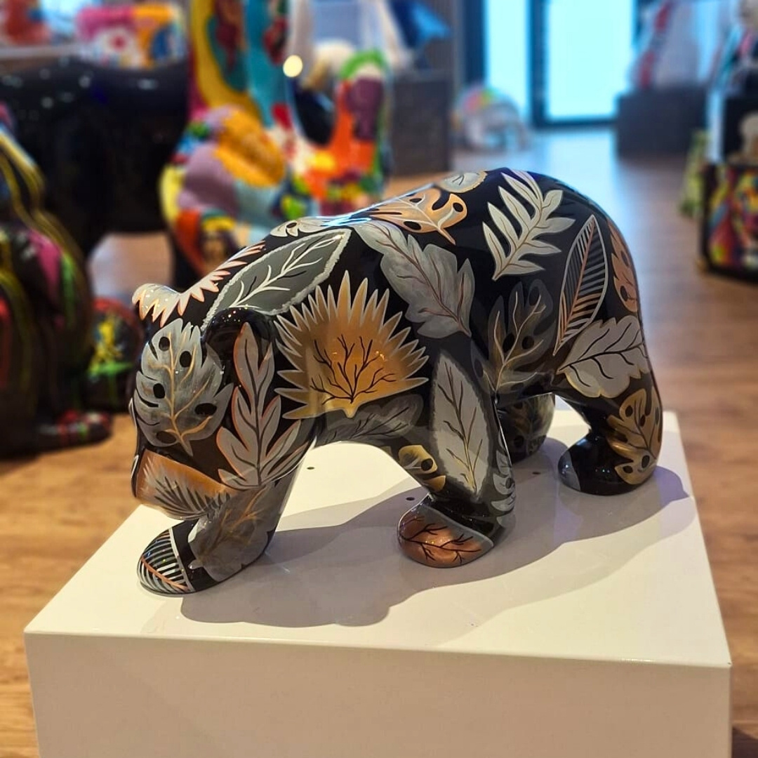 STATUE EN RESINE OURSON FEUILLAGE DORE