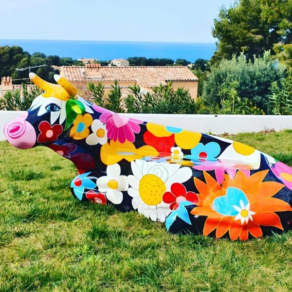 STATUE VACHE BANC EN RESINE DECORATION FLEURS