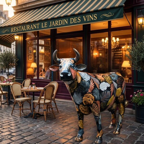 STATUE VACHE EN RESINE FEUILLES DOREES