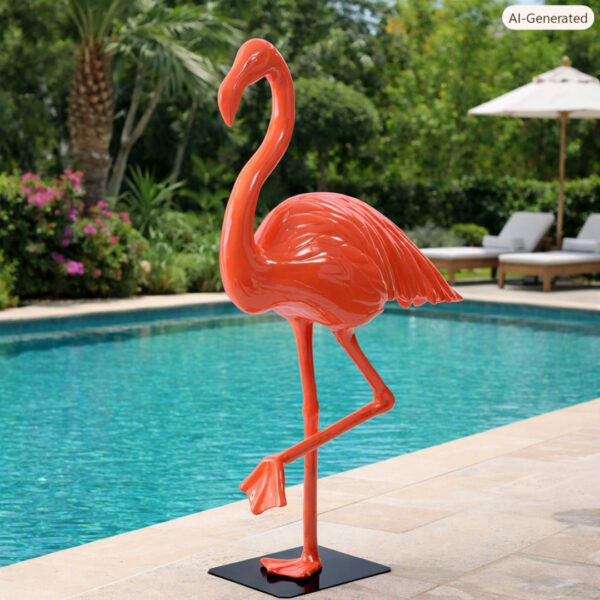 Flamant rose tête droite sur socle