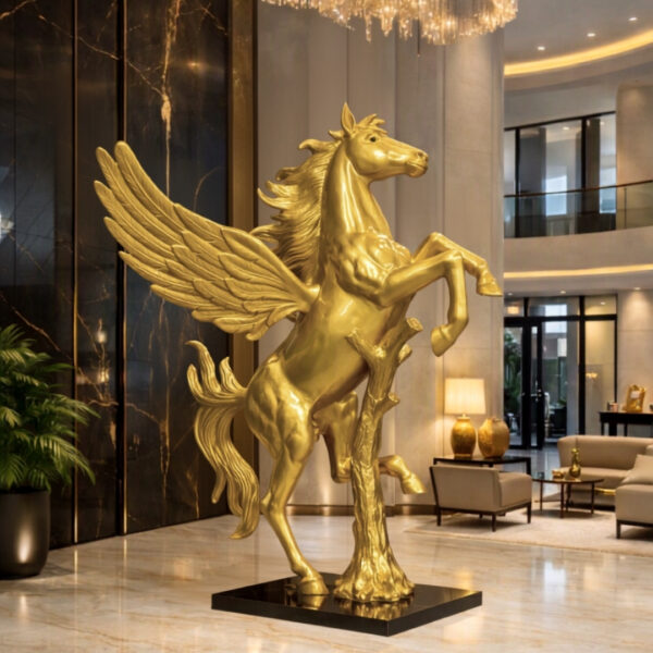 Statue en résine Pégase cheval ailé doré sur socle